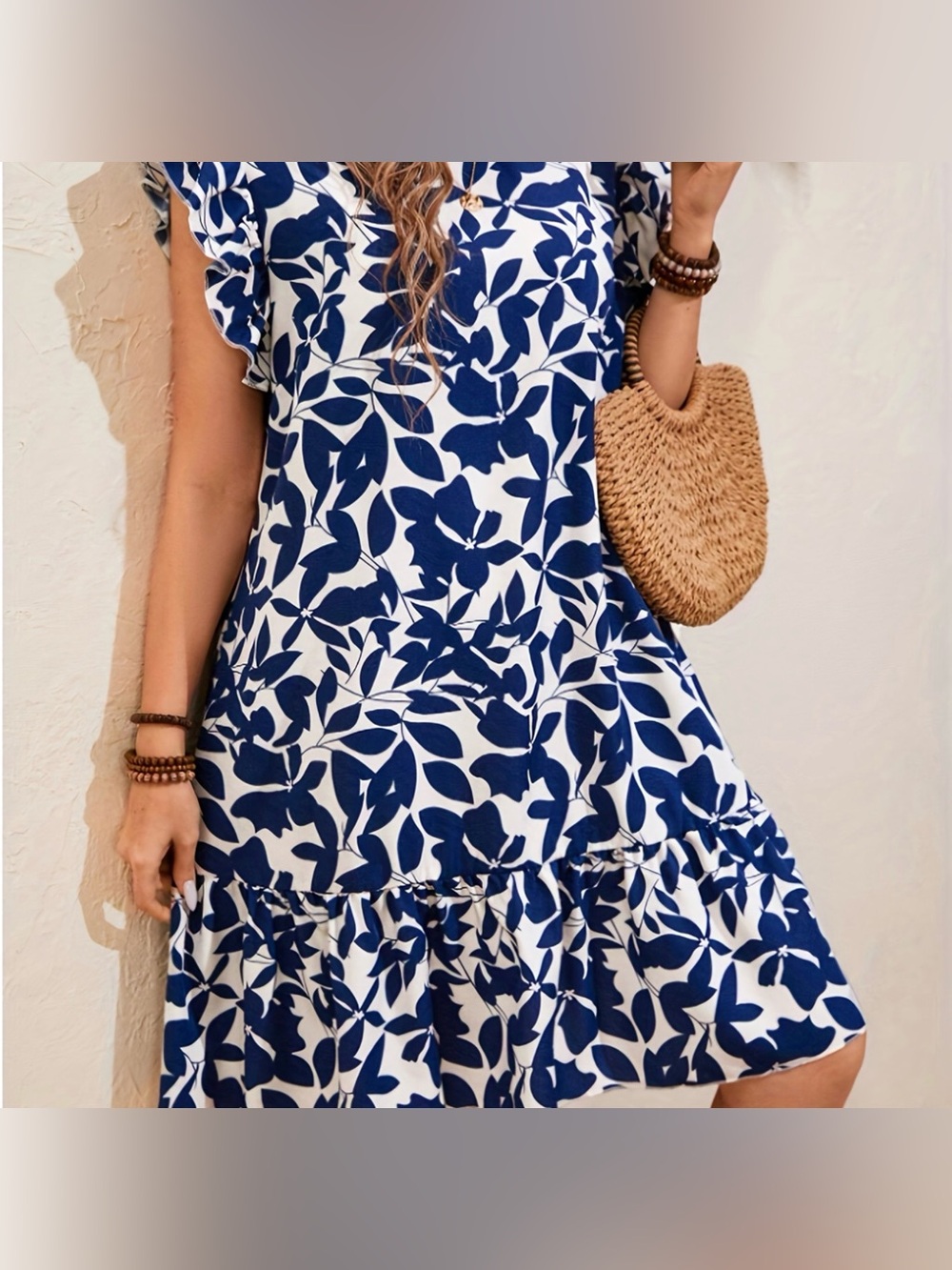 Floral Navy and White Ruffle Mini Dress